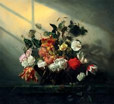 阿列克谢安东诺夫油画作品: 桌子上的百花盆油画欣赏 花卉油画