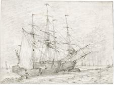 康斯太勃尔素描作品:航运在布莱顿海滩上