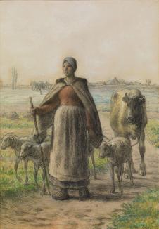米勒油画作品: 农民和他的牛羊油画高清下载