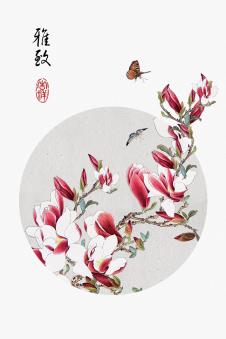 三联中式装饰画素材: 雅致玉兰花
