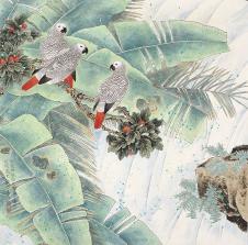 龚文祯工笔花鸟画 高清大图下载  加蓬共和国灰鹦鹉及瀑布