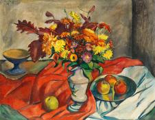 欧美抽象油画:GEORG TAPPERT-Stillleben mit Blumenvase und Apfeln 1918