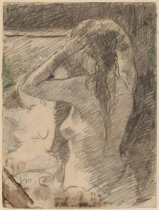 卡萨特素描作品:照镜子的裸女
