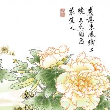 中式客厅三联装饰画素材:国画牡丹花鸟画 A