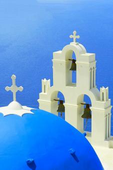 圣托里尼岛的蓝顶教堂 三联摄影素材: 蓝顶教堂装饰画 A