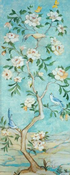 现代花鸟画素材: 蓝色背景的花开满树白 B