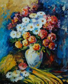 阿夫列莫夫高清油画作品: 小菊花刀画和玫瑰花