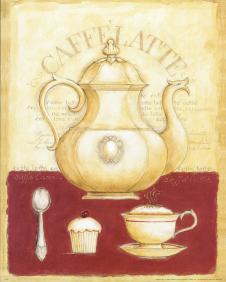 欧式四联装饰画素材下载: 咖啡壶和甜点装饰画 B