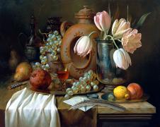 阿列克谢安东诺夫油画作品: 桌子上的郁金香和葡萄超写实静物油画