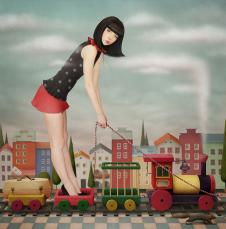 超现实梦幻画:女孩玩火车玩具装饰画