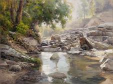 小溪边的乱石头水彩画欣赏