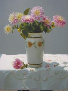 超写实静物油画:瓷瓶里的花