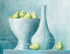 现代欧美绘画之高清写实静物画: 陶罐和梨子油画欣赏