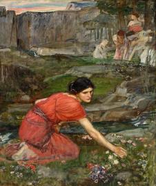 沃特豪斯作品: 溪边采花的少女 maidens picking flowers by a stream