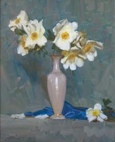 阿瑟·斯切特 (Arthur Streeton) Roses in a Cream Vase  ​玫瑰花油画