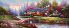 巨幅精品中式山水风景油画高清大图素材下载: 乡村石桥