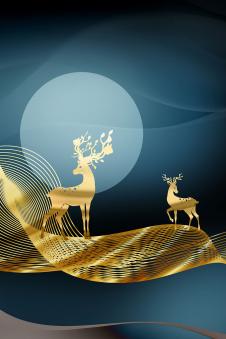 三联晶瓷画素材: 金色线条和麋鹿装饰画欣赏 C