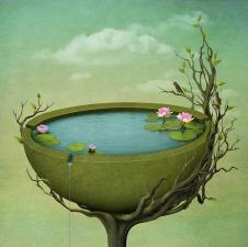 超现实梦幻画: 树上的唯美花池装饰画