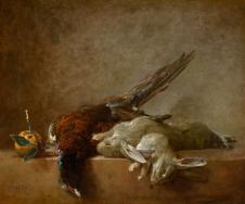 夏尔丹油画静物: 猎物鸟和野兔子油画欣赏