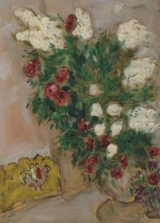 夏加尔静物油画作品: 白色和红色的花  高清图片素材下