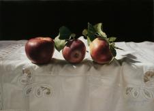 超写实静物油画素材: 餐桌布上的几个苹果