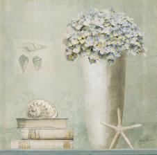 欧式简约静物装饰画: 绣球花与书本和海螺 B
