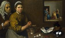 委拉斯开兹作品: 屋里玛莎和玛丽跟基督在厨房的一景 K