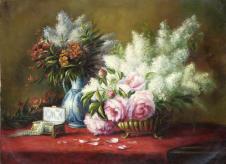 花盆里的玫瑰花和绣球花油画欣赏