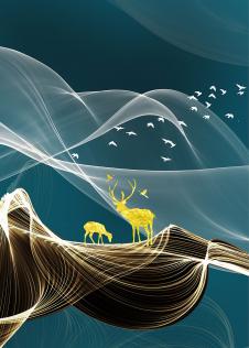 三联晶瓷画素材: 梦境中的麋鹿装饰画 A