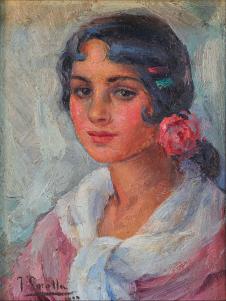 索罗拉油画作品: 头戴红花的女孩