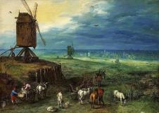勃鲁盖尔作品: 乡村里风车和马车