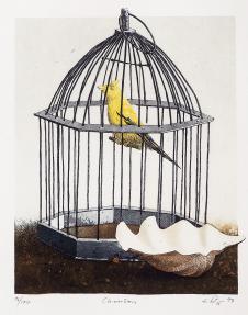 双联静物水彩画:笼子里的小鸟