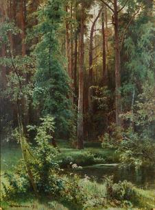 俄罗斯画家希施金风景作品 森林深处的沼泽地  高清油