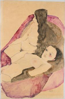 席勒作品:两个裸体少女水彩画