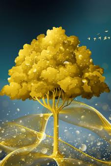 麋鹿晶瓷画: 金色麋鹿和发财树装饰画素材下载 B