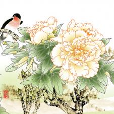 中式客厅三联装饰画素材:国画牡丹花鸟画 C