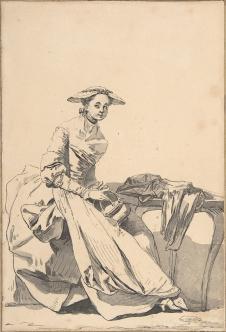 格勒兹人物素描画: Florentine Woman Wearing a Butterfly Cap and Holding a Hand Warmer