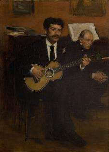 德加人物油画作品: ​《德加的父亲听Lorenzo Pagans弹吉他》