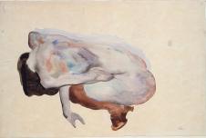 席勒作品: 蹲着的裸女水彩画