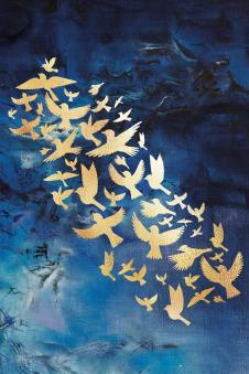 两联晶瓷画素材: 蓝色抽象背景上的金色飞鸟 B