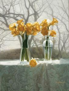 超写实静物油画素材: 窗边玻璃瓶里的黄花