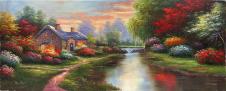 巨幅精品中式山水风景油画高清大图素材下载: 溪边房屋油画欣赏