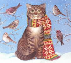 田园猫水彩画系列: 戴围巾的猫