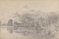 康斯太勃尔风景素描作品   河边的教堂和树林