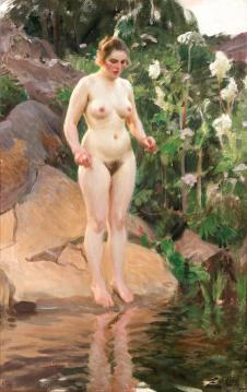 佐恩作品: 站在河边的裸女油画欣赏