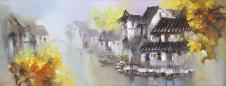 江南水乡油画素材高清大图下载: 古镇里的小桥流水人家