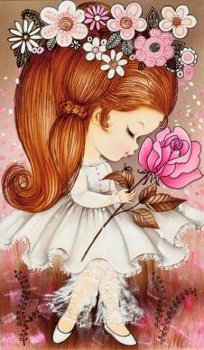 美国现代画家儿童风格画: 手拿玫瑰花的小公主装饰画