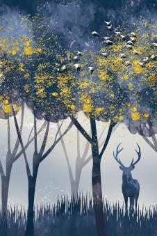 三联晶瓷画素材: 麋鹿与金色树林装饰画
