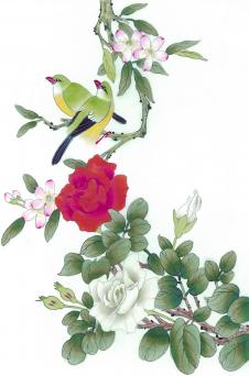 枝头小鸟国画欣赏:  玫瑰花与小鸟