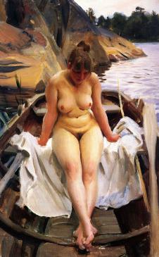佐恩作品:坐在船上的裸女油画欣赏